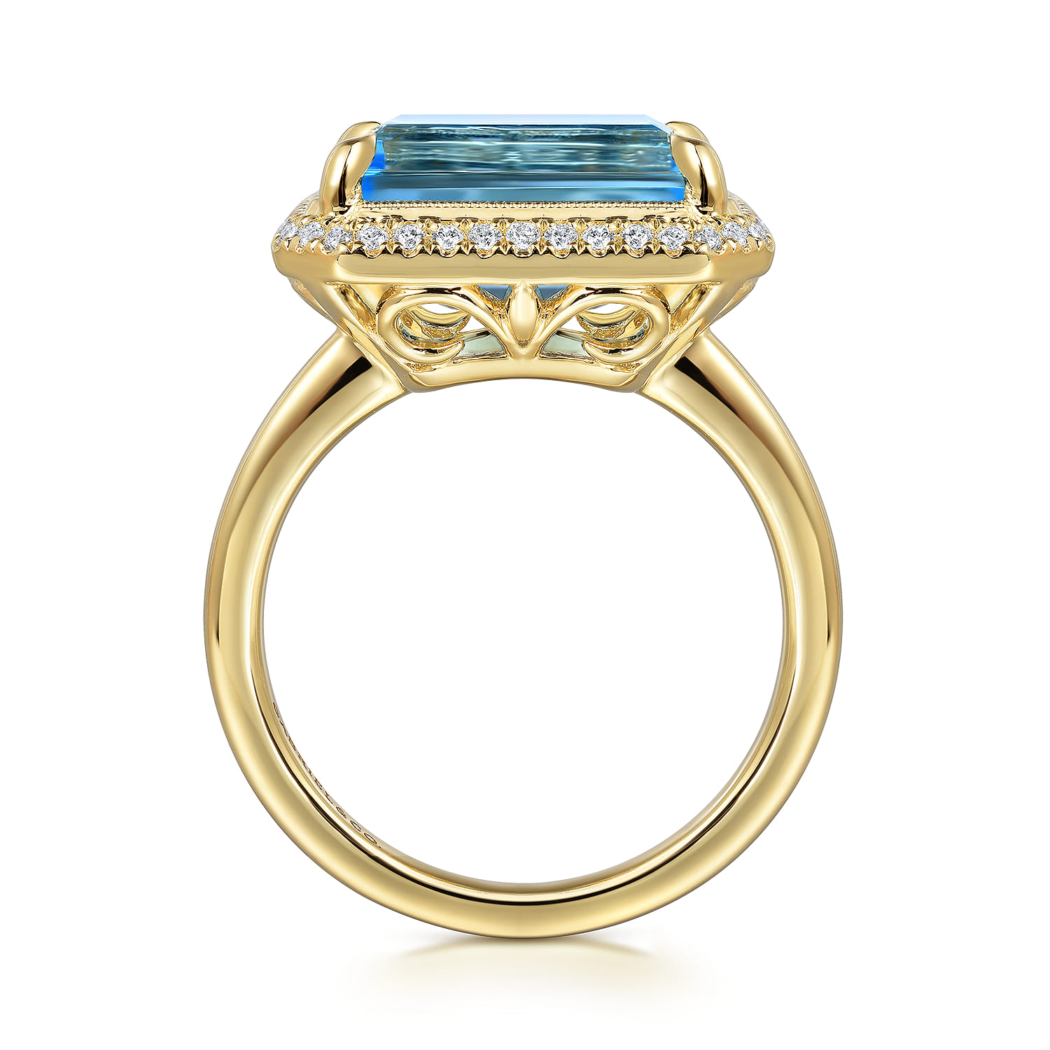 14K Yellow Gold Diamond and Blue Topaz Emerald Cut Ladies Ring with Flower Pattern Gallery - 0.2 ct - Shot 2