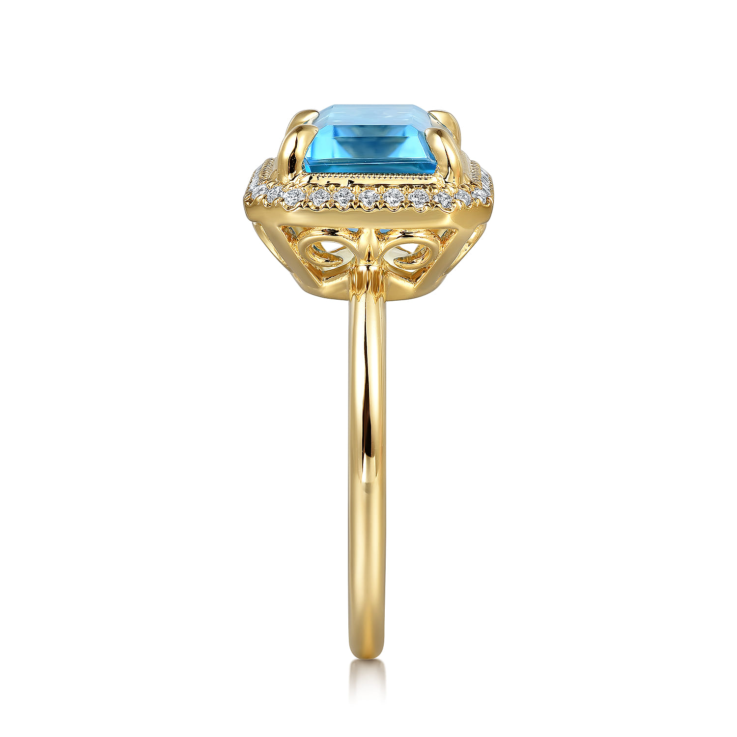 14K Yellow Gold Diamond and Blue Topaz Emerald Cut Ladies Ring with Flower Pattern Gallery - 0.2 ct - Shot 4