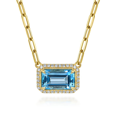 14K Yellow Gold Diamond and Blue Topaz Emerald Cut Necklace With Flower Pattern Gallery