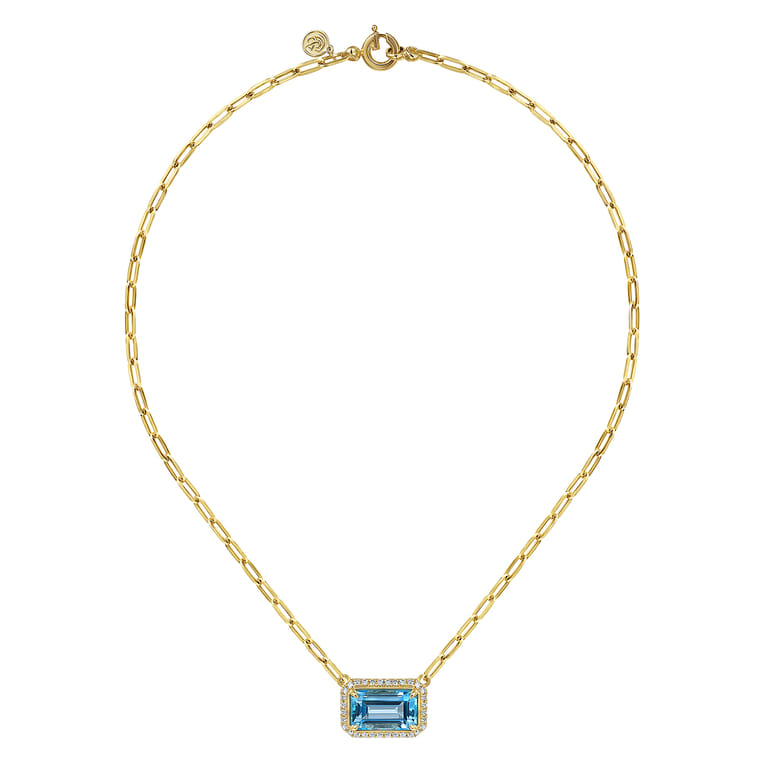 14K Yellow Gold Diamond and Blue Topaz Emerald Cut Necklace With Flower Pattern Gallery - 0.5 ct - Shot 2