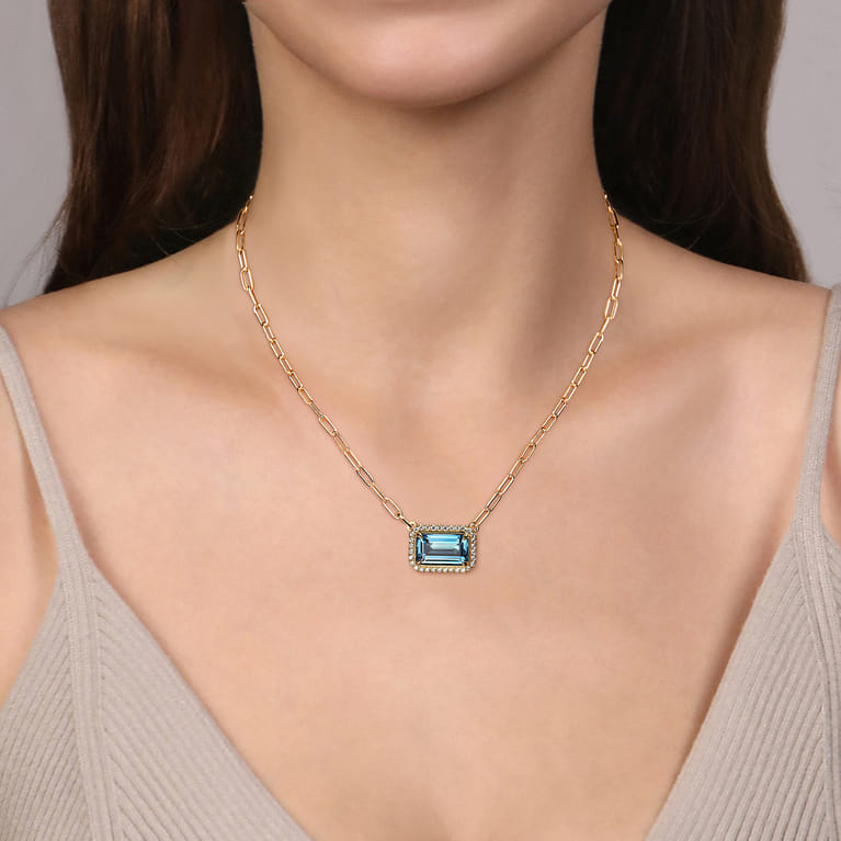 14K Yellow Gold Diamond and Blue Topaz Emerald Cut Necklace With Flower Pattern Gallery - 0.5 ct - Shot 3