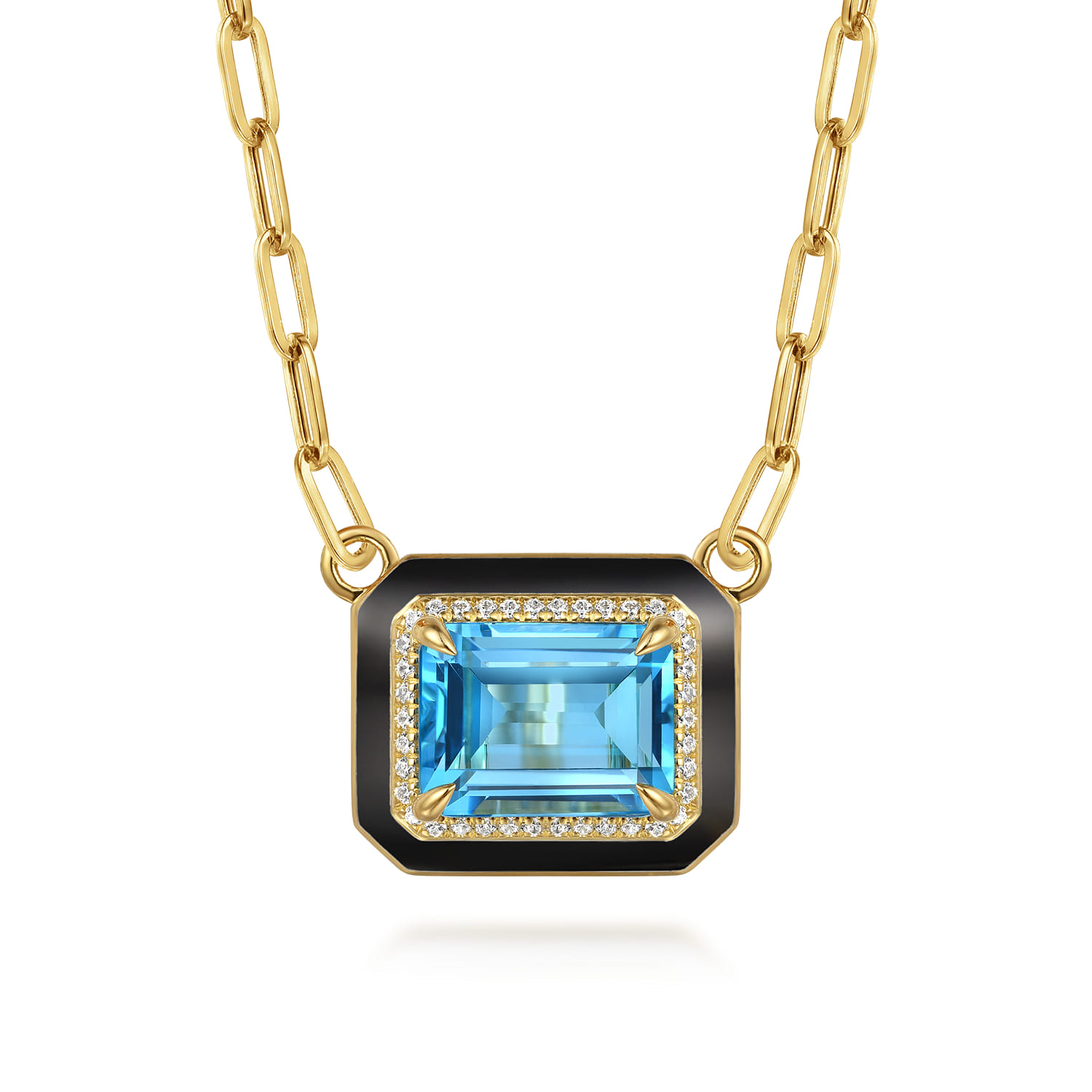 14K Yellow Gold Diamond and Blue Topaz Emerald Cut Necklace With Flower Pattern J-Back and Black Enamel - 0.19 ct - Shot 1