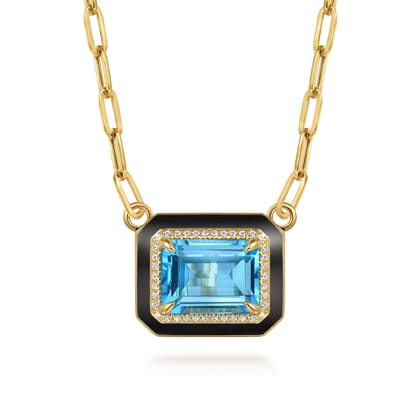 14K Yellow Gold Diamond and Blue Topaz Emerald Cut Necklace With Flower Pattern J-Back and Black Enamel