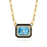14K Yellow Gold Diamond and Blue Topaz Emerald Cut Necklace With Flower Pattern J-Back and Black Enamel - 0.19 ct