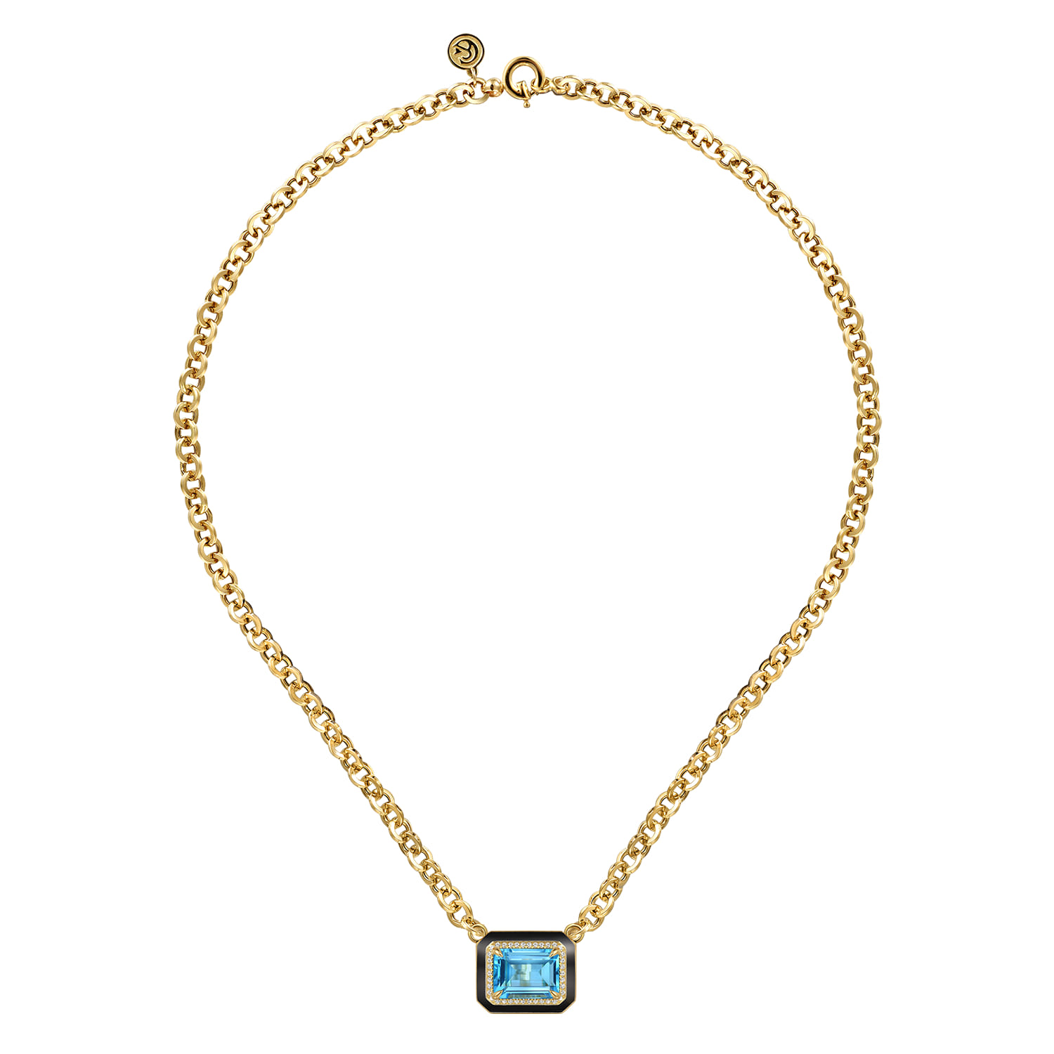 14K Yellow Gold Diamond and Blue Topaz Emerald Cut Necklace With Flower Pattern J-Back and Black Enamel - 0.19 ct - Shot 2