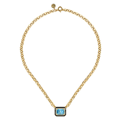 14K Yellow Gold Diamond and Blue Topaz Emerald Cut Necklace With Flower Pattern J-Back and Black Enamel