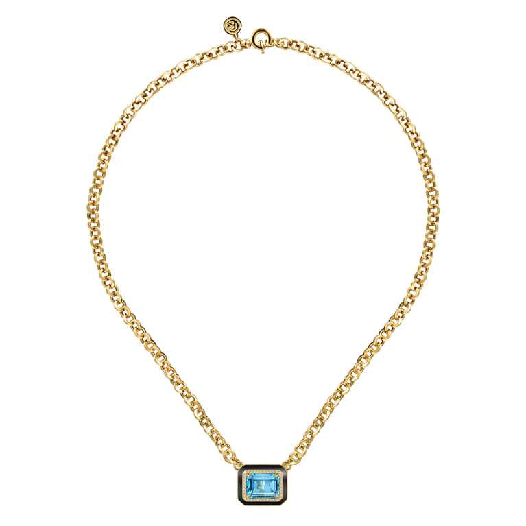14K Yellow Gold Diamond and Blue Topaz Emerald Cut Necklace With Flower Pattern J-Back and Black Enamel - 0.19 ct - Shot 2