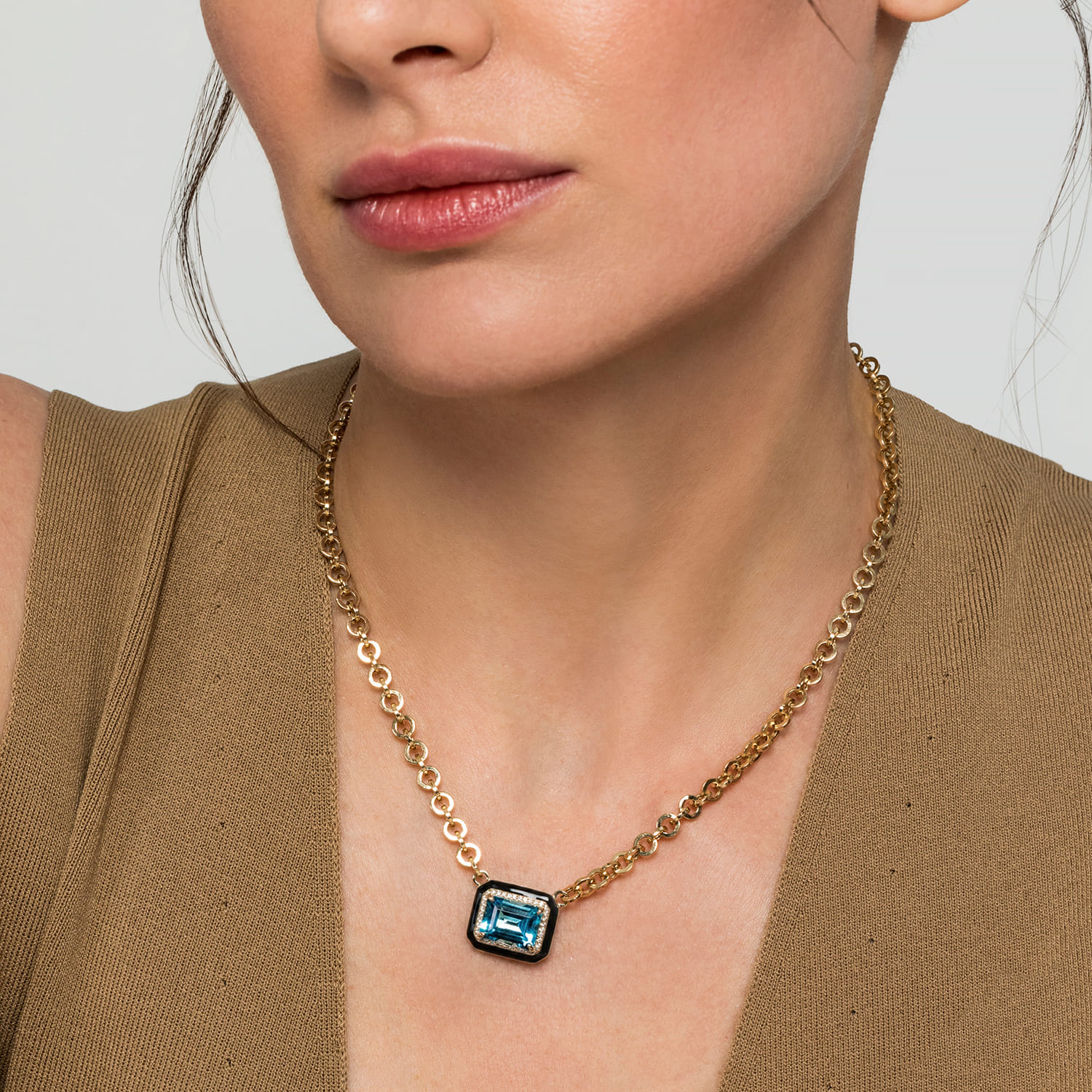 14K Yellow Gold Diamond and Blue Topaz Emerald Cut Necklace With Flower Pattern J-Back and Black Enamel - 0.19 ct - Shot 3