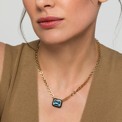 14K Yellow Gold Diamond and Blue Topaz Emerald Cut Necklace With Flower Pattern J-Back and Black Enamel