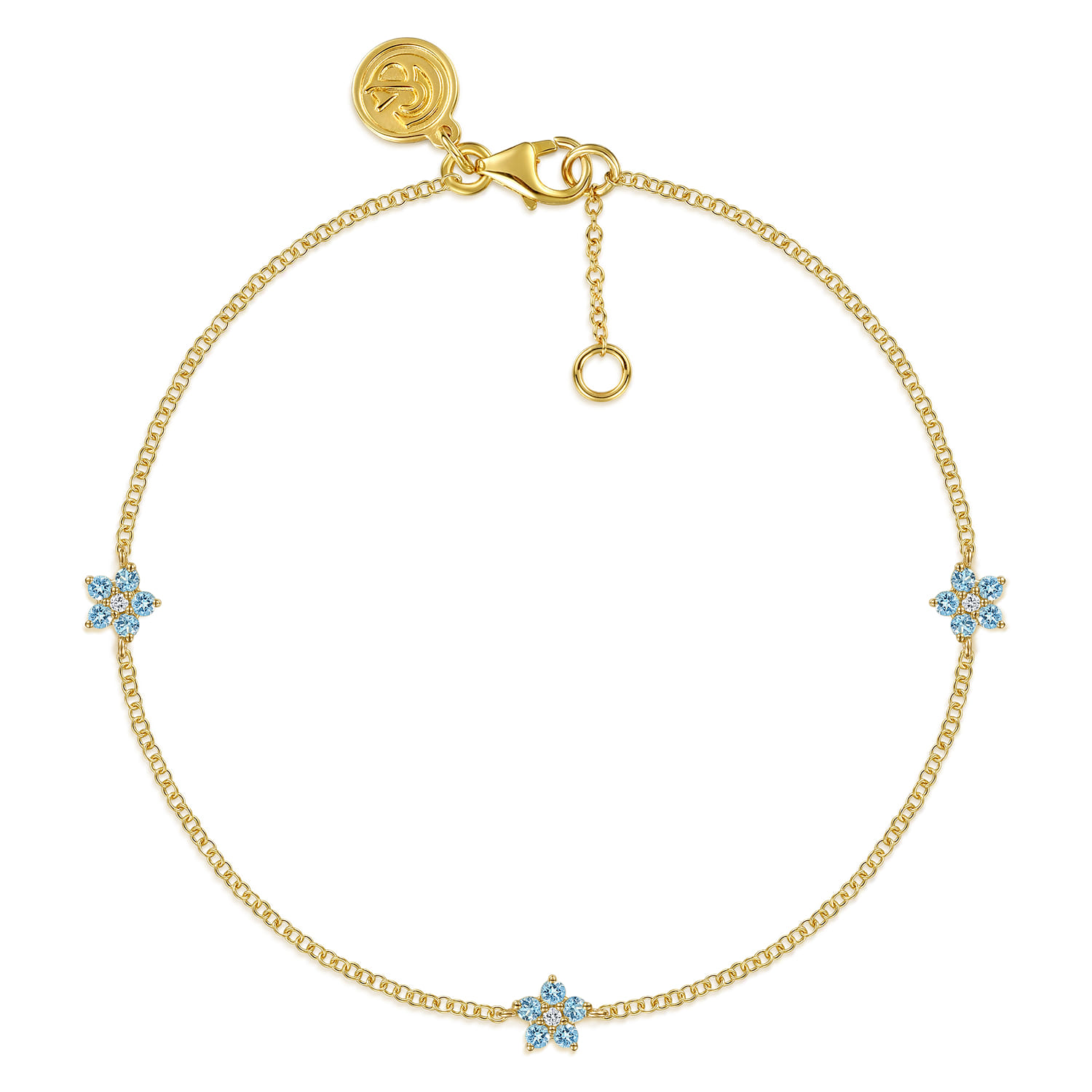14K Yellow Gold Diamond and Blue Topaz Floral Station Bracelet