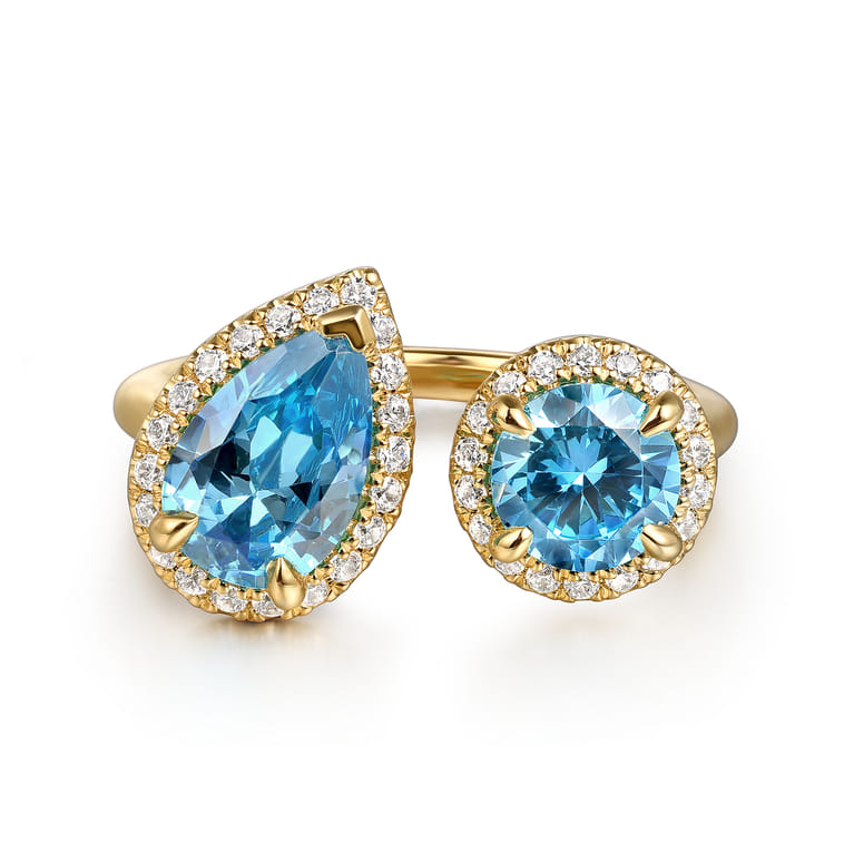 14K Yellow Gold Diamond and Blue Topaz Open Ring - 0.25 ct - Shot 1