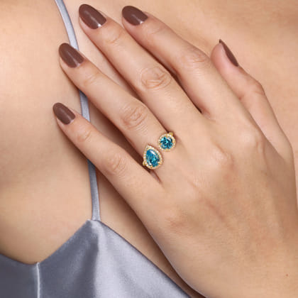 14K Yellow Gold Diamond and Blue Topaz Open Ring