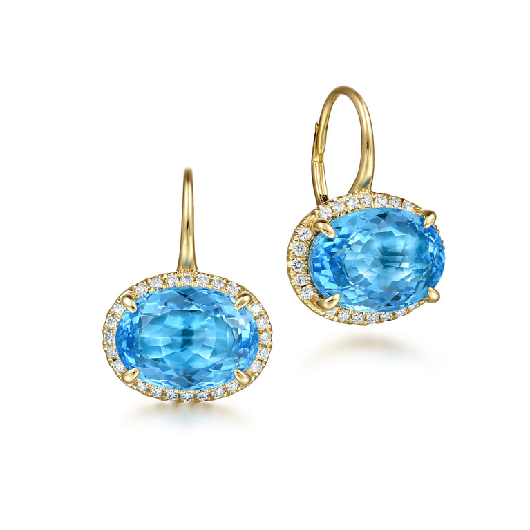 14K Yellow Gold Diamond and Blue Topaz Oval Shape Earrings With Flower Pattern J-Back - 0.5 ct - Shot 1