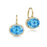 14K Yellow Gold Diamond and Blue Topaz Oval Shape Earrings With Flower Pattern J-Back - 0.5 ct