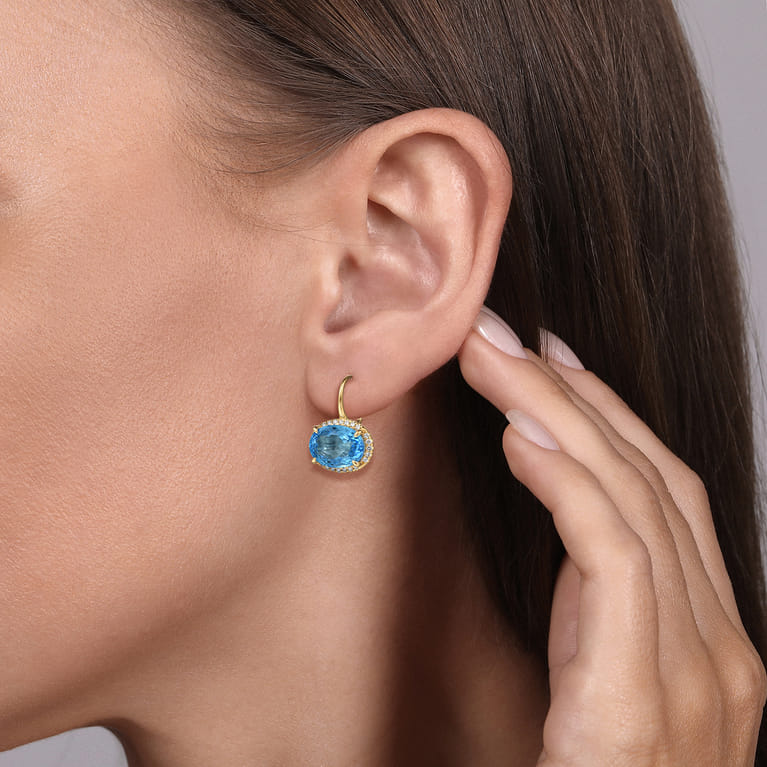 14K Yellow Gold Diamond and Blue Topaz Oval Shape Earrings With Flower Pattern J-Back - 0.5 ct - Shot 2