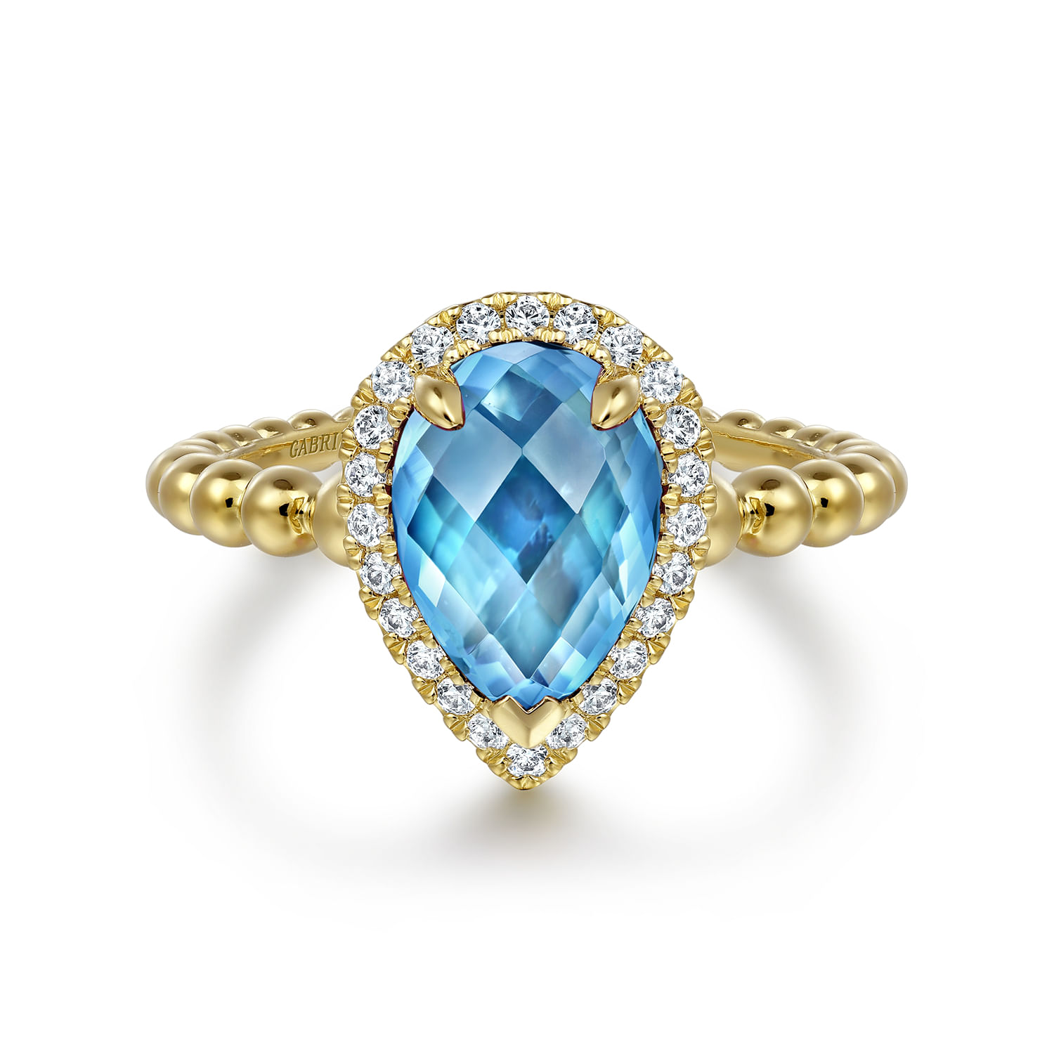 14K Yellow Gold Diamond and Blue Topaz Pear Halo Ring