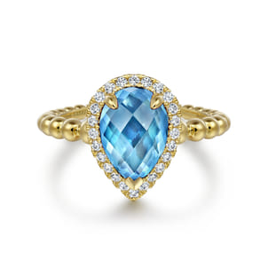 14K Yellow Gold Diamond and Blue Topaz Pear Halo Ring