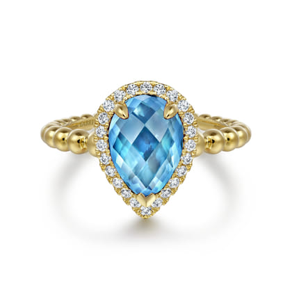 14K Yellow Gold Diamond and Blue Topaz Pear Halo Ring