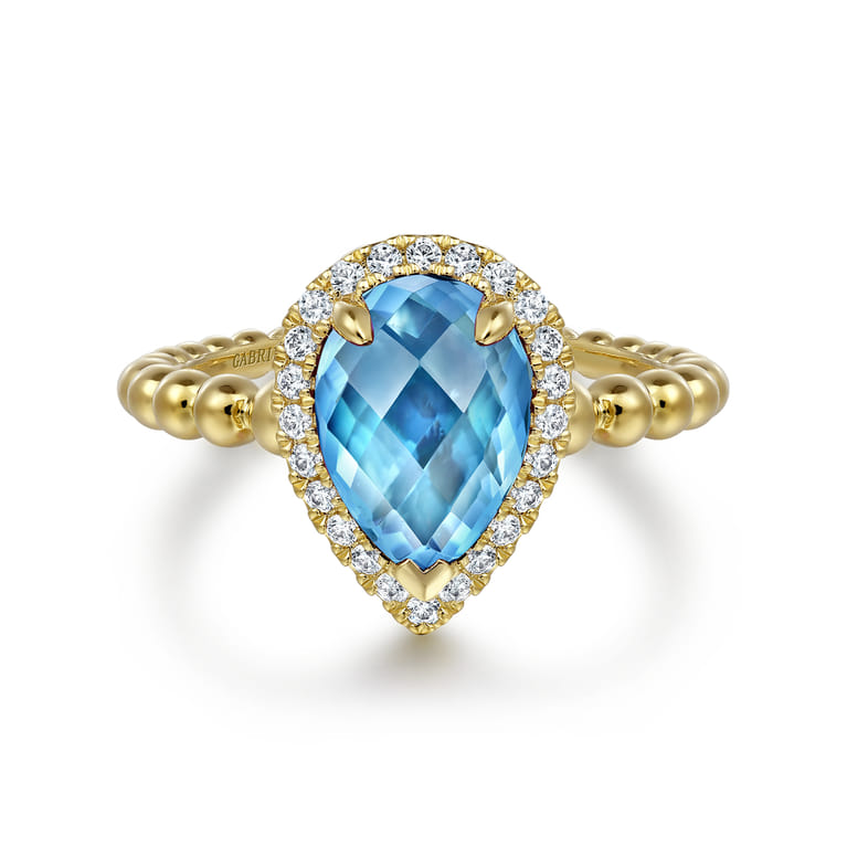 14K Yellow Gold Diamond and Blue Topaz Pear Halo Ring - 0.17 ct - Shot 1