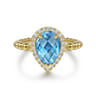 14K Yellow Gold Diamond and Blue Topaz Pear Halo Ring - 0.17 ct