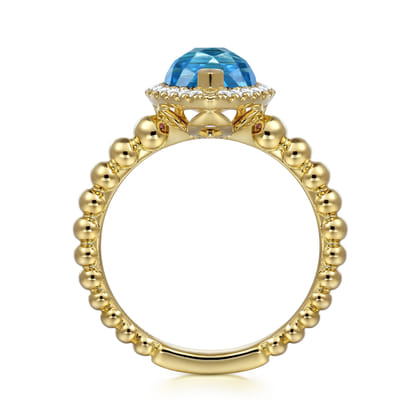 14K Yellow Gold Diamond and Blue Topaz Pear Halo Ring