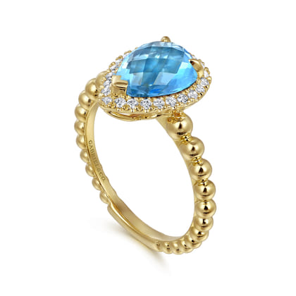 14K Yellow Gold Diamond and Blue Topaz Pear Halo Ring
