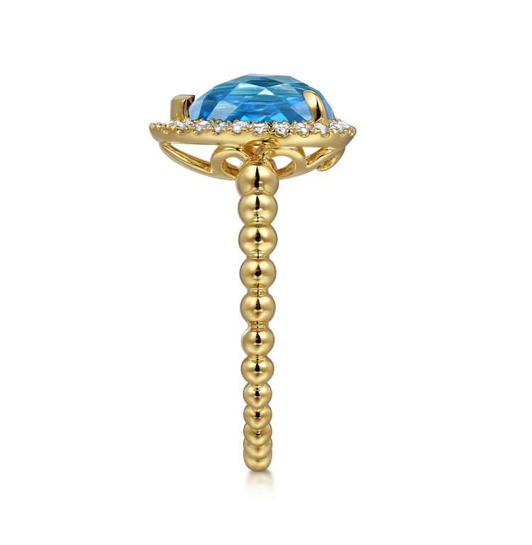 14K Yellow Gold Diamond and Blue Topaz Pear Halo Ring