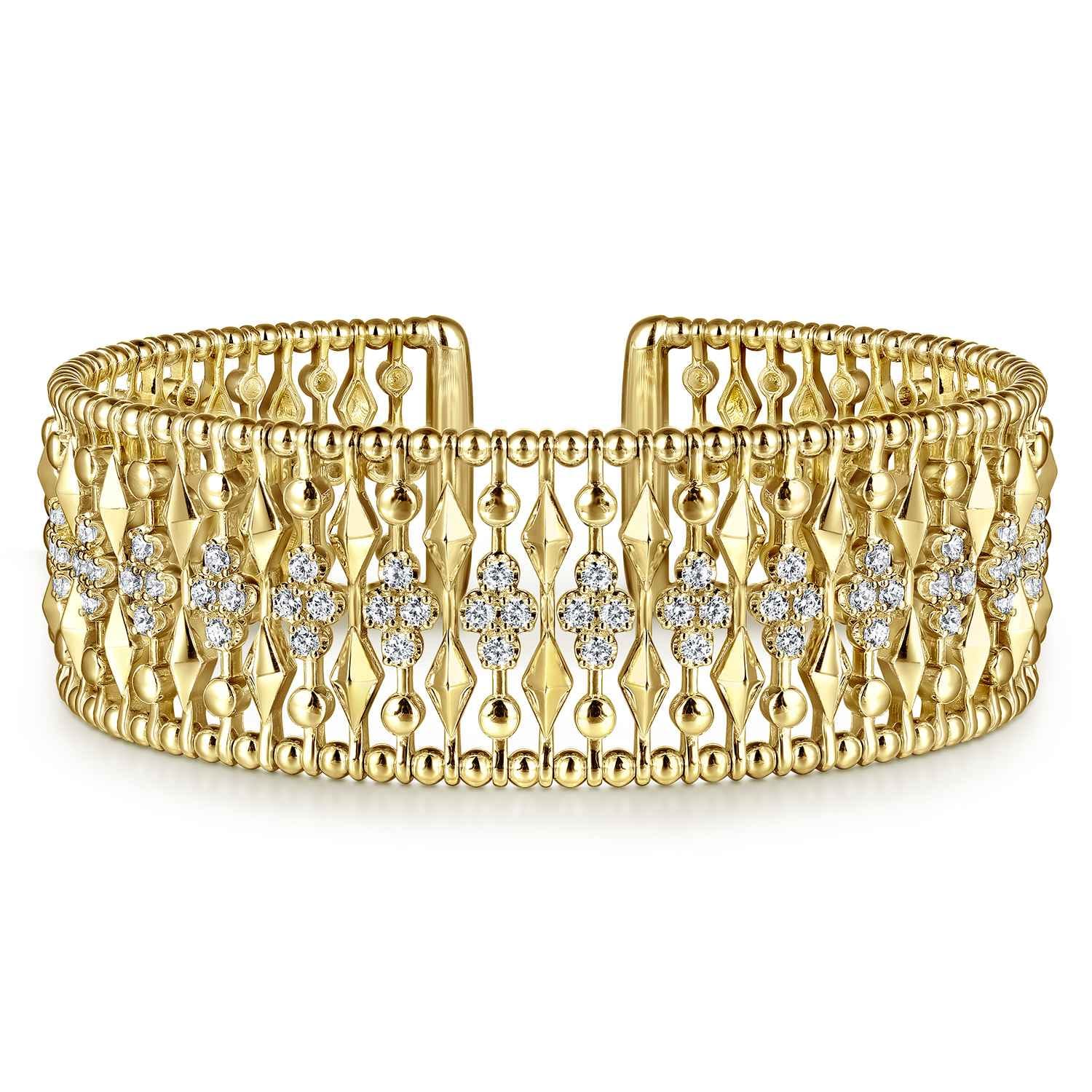 14K Yellow Gold Diamond and Bujukan Beads Cuff Bangle Bracelet - 1.3 ct - Shot 1