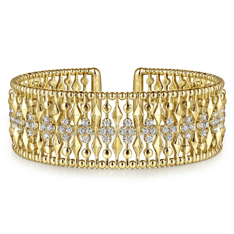 14K Yellow Gold Diamond and Bujukan Beads Cuff Bangle Bracelet - 1.3 ct - Shot 1