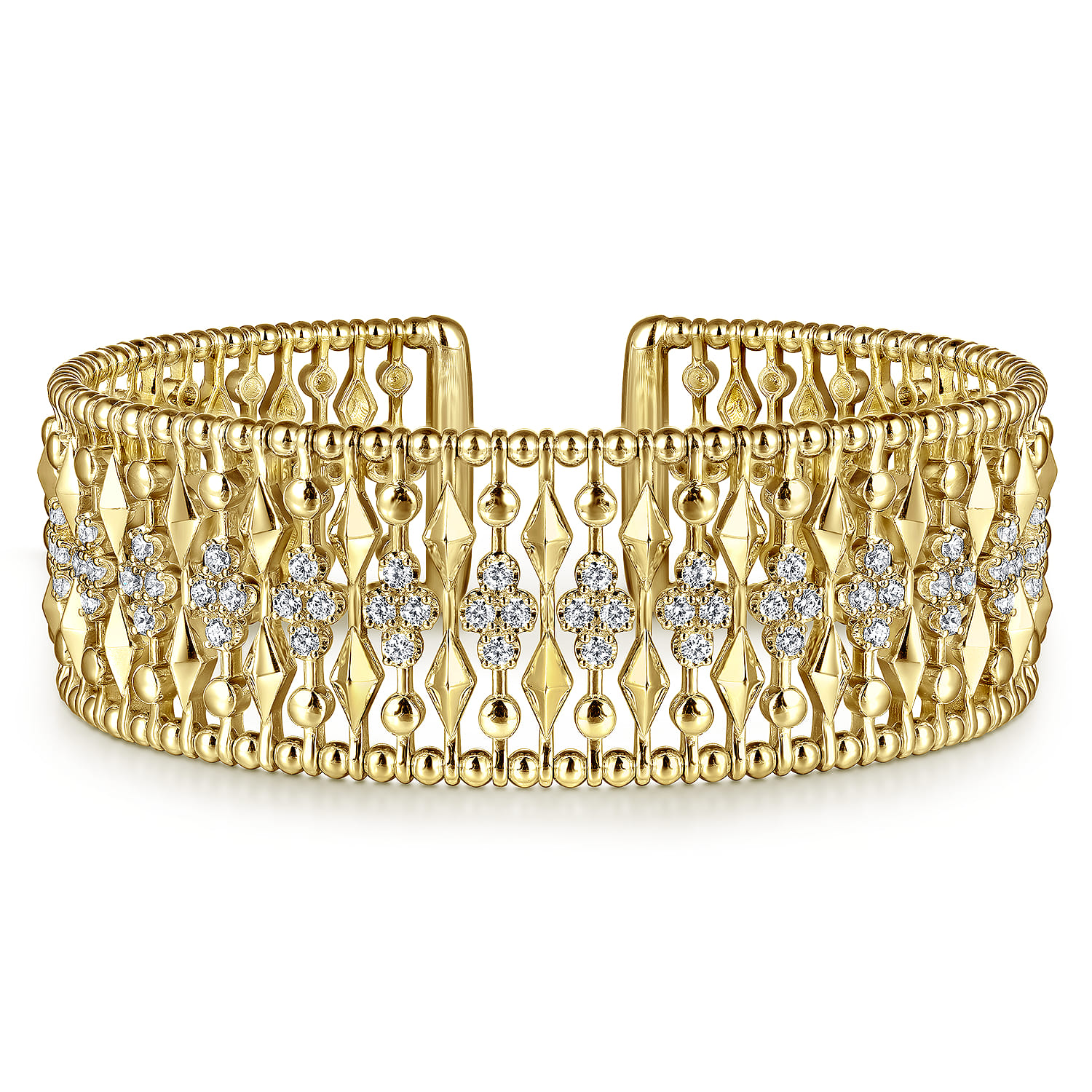14K Yellow Gold Diamond and Bujukan Beads Cuff Bangle Bracelet - 1.3 ct - Shot 1