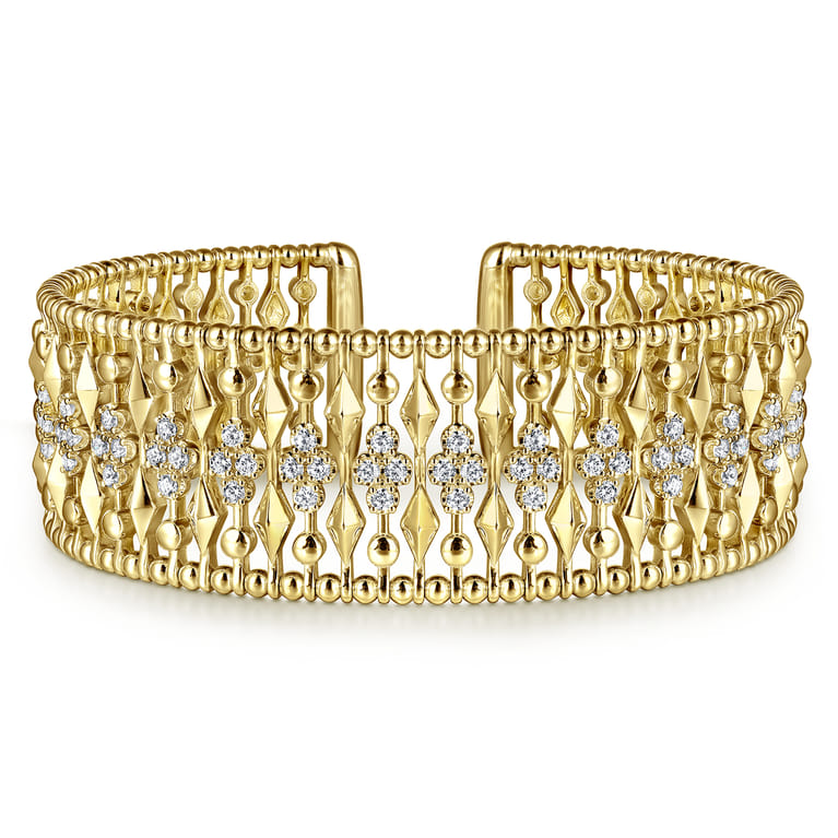 14K Yellow Gold Diamond and Bujukan Beads Cuff Bangle Bracelet - 1.3 ct - Shot 1