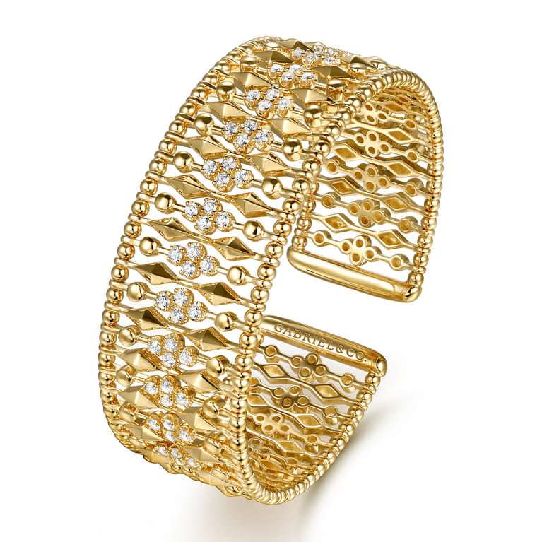 14K Yellow Gold Diamond and Bujukan Beads Cuff Bangle Bracelet - 1.3 ct - Shot 2