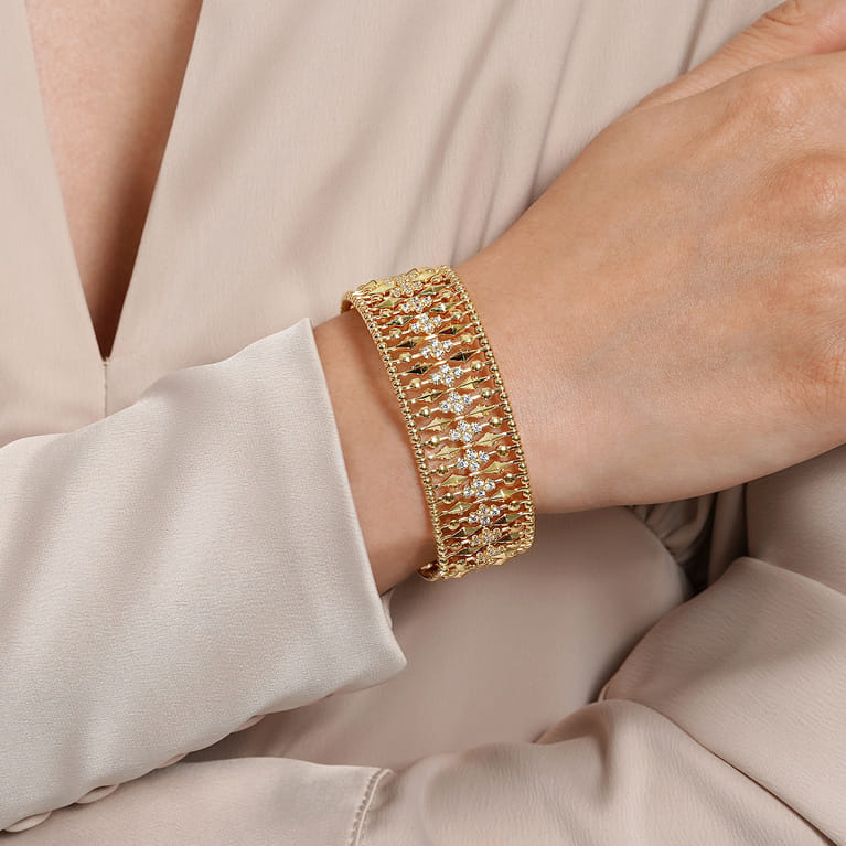 14K Yellow Gold Diamond and Bujukan Beads Cuff Bangle Bracelet - 1.3 ct - Shot 4