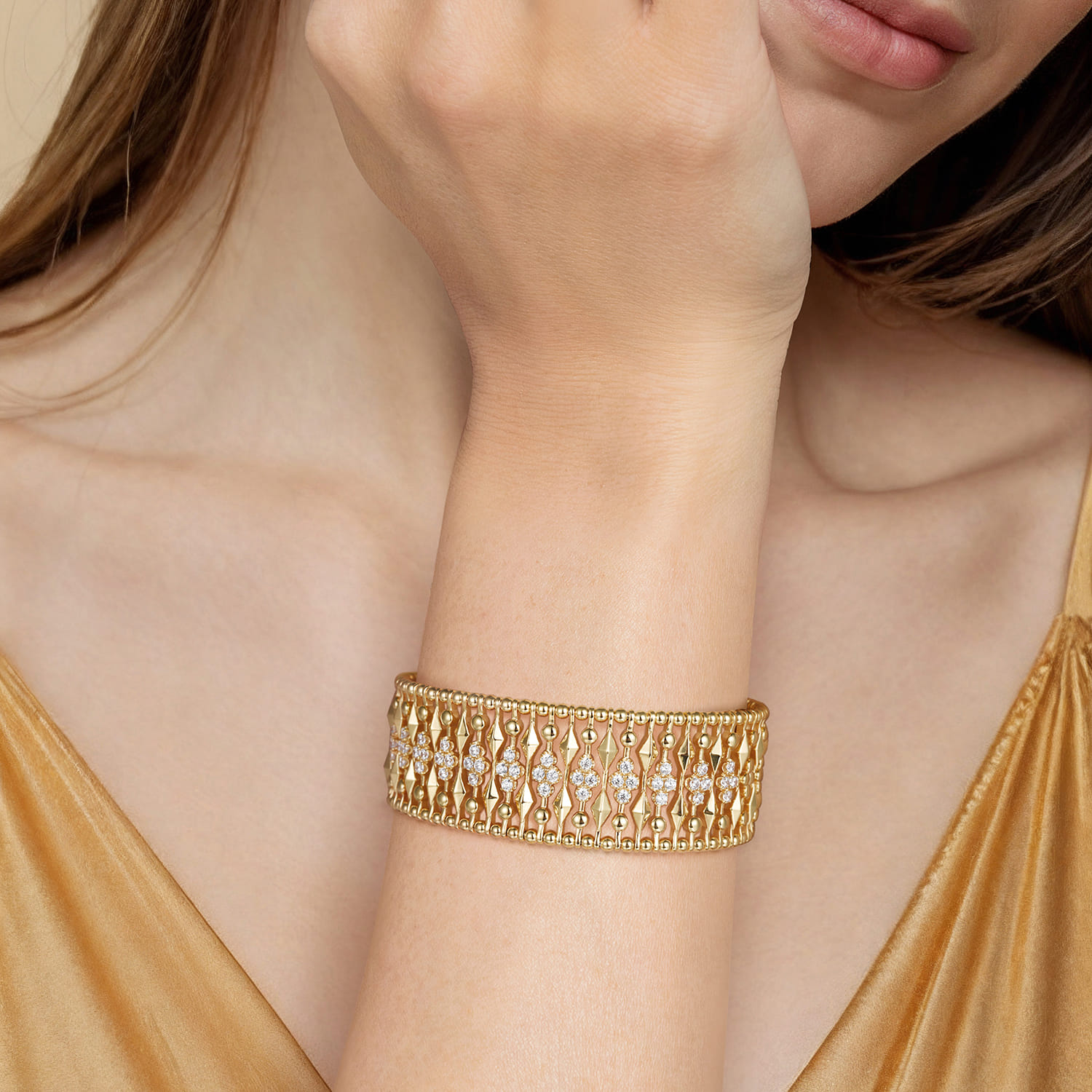 14K Yellow Gold Diamond and Bujukan Beads Cuff Bangle Bracelet - 1.3 ct - Shot 5