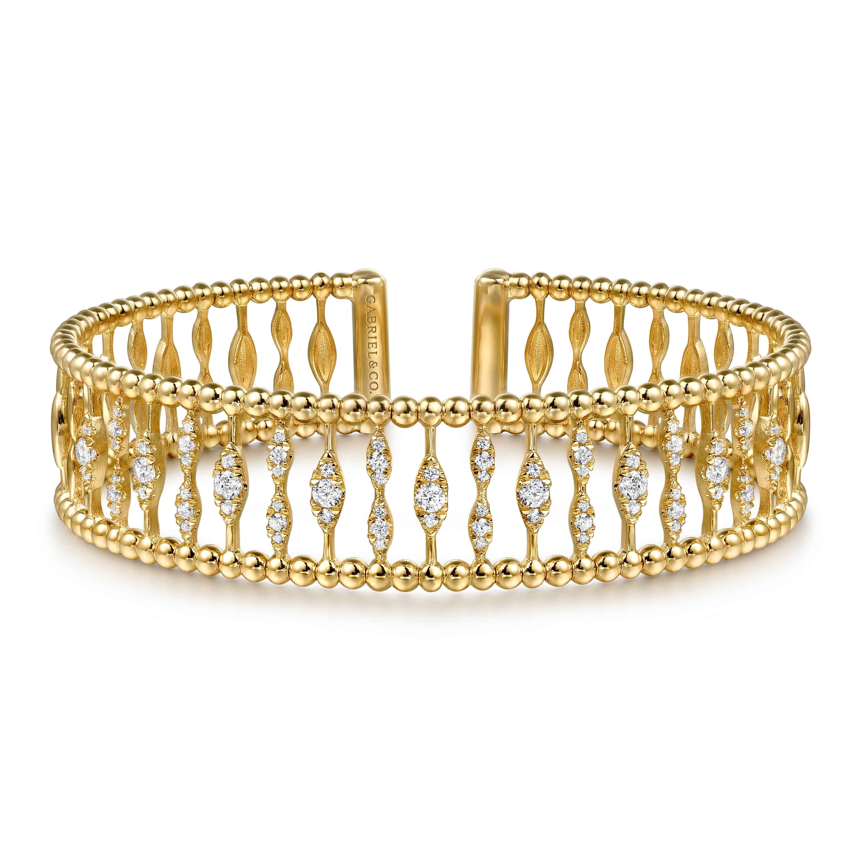 14K Yellow Gold Diamond and Bujukan Beads Cuff Bangle Bracelet - 0.75 ct - Shot 1