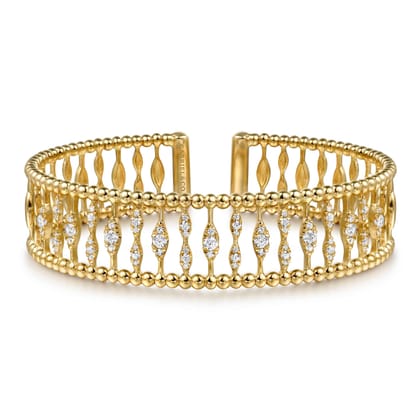 14K Yellow Gold Diamond and Bujukan Beads Cuff Bangle Bracelet