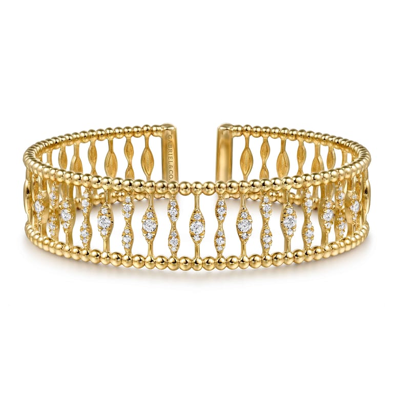 14K Yellow Gold Diamond and Bujukan Beads Cuff Bangle Bracelet - 0.75 ct - Shot 1