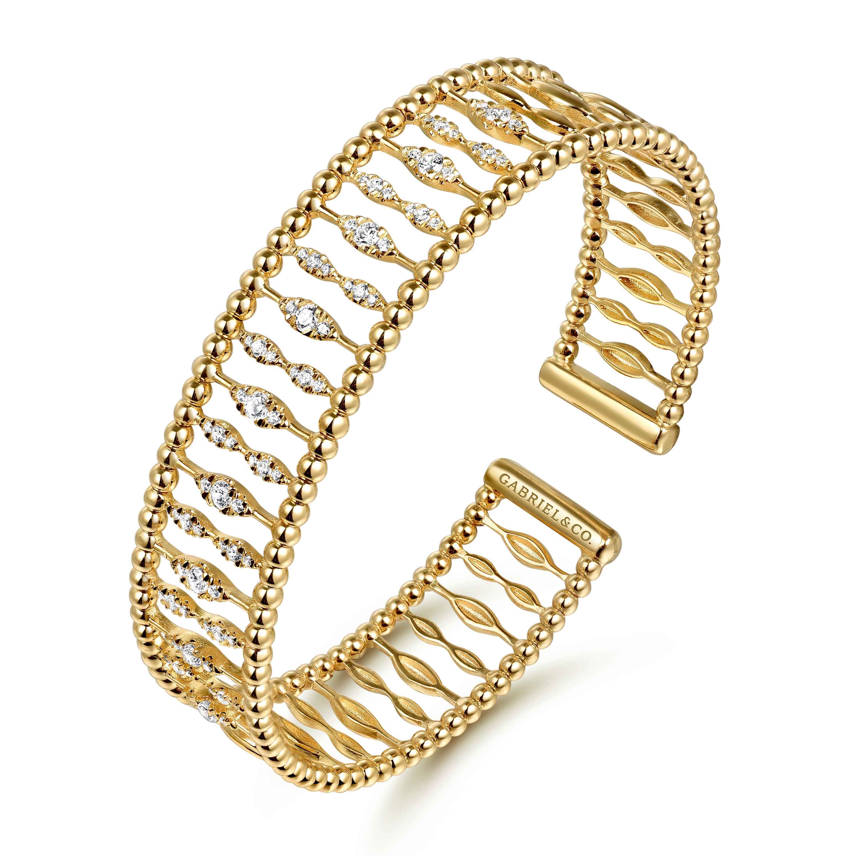 14K Yellow Gold Diamond and Bujukan Beads Cuff Bangle Bracelet - 0.75 ct - Shot 2