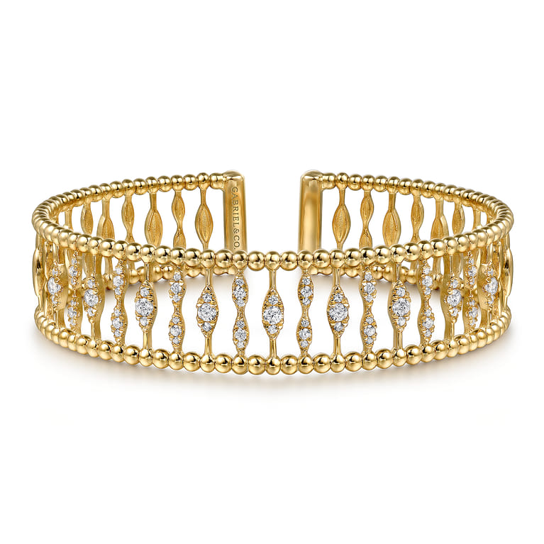 14K Yellow Gold Diamond and Bujukan Beads Cuff Bangle Bracelet - 0.75 ct - Shot 1