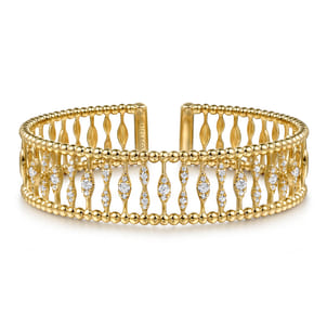 14K Yellow Gold Diamond and Bujukan Beads Cuff Bangle Bracelet