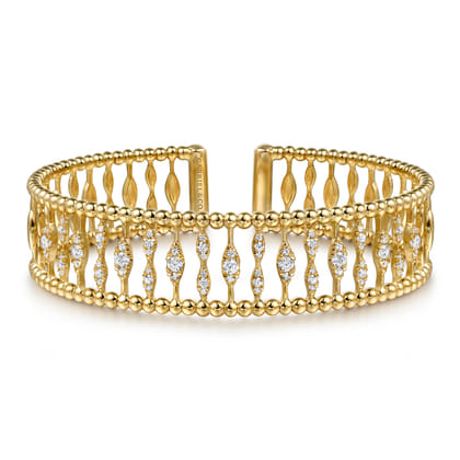 14K Yellow Gold Diamond and Bujukan Beads Cuff Bangle Bracelet