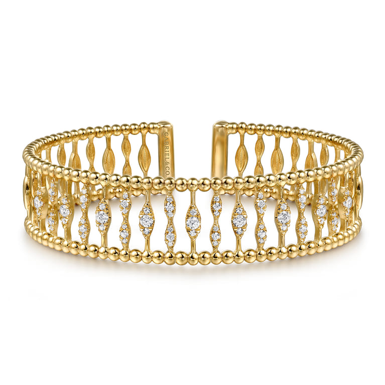 14K Yellow Gold Diamond and Bujukan Beads Cuff Bangle Bracelet - 0.75 ct - Shot 1