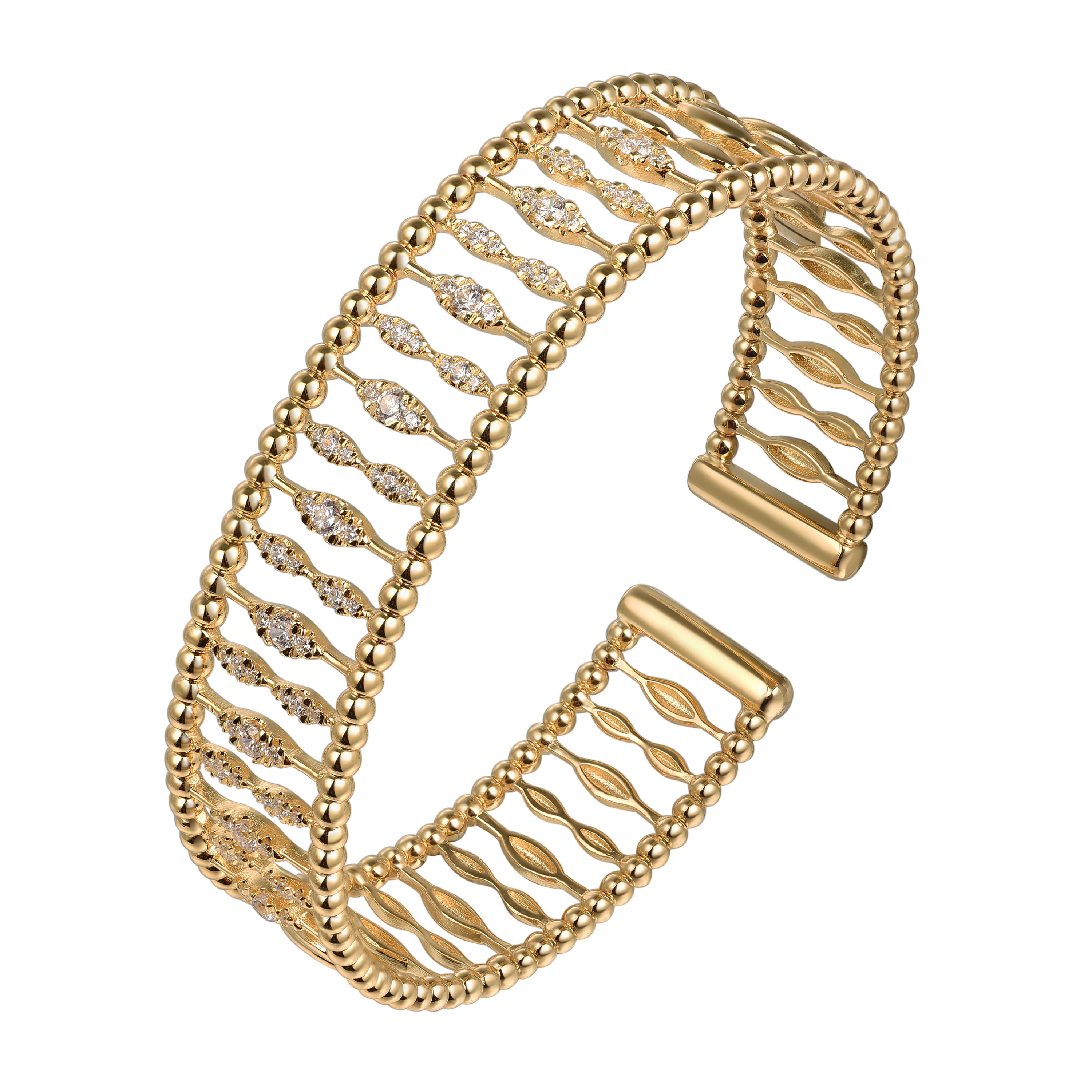 14K Yellow Gold Diamond and Bujukan Beads Cuff Bangle Bracelet