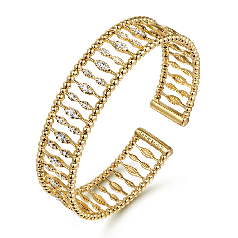14K Yellow Gold Diamond and Bujukan Beads Cuff Bangle Bracelet - 0.75 ct - Shot 2