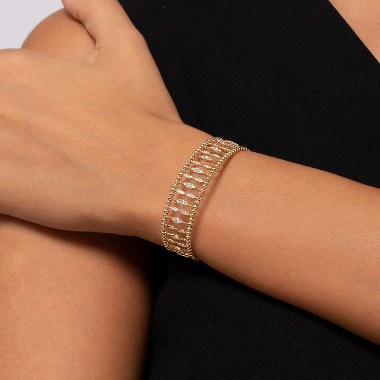 14K Yellow Gold Diamond and Bujukan Beads Cuff Bangle Bracelet - 0.75 ct - Shot 4