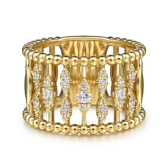 14K Yellow Gold Diamond and Bujukan Beads Wide Band Ring