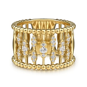 14K Yellow Gold Diamond and Bujukan Beads Wide Band Ring