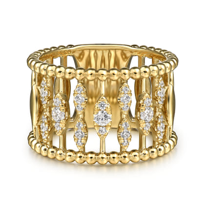 14K Yellow Gold Diamond and Bujukan Beads Wide Band Ring