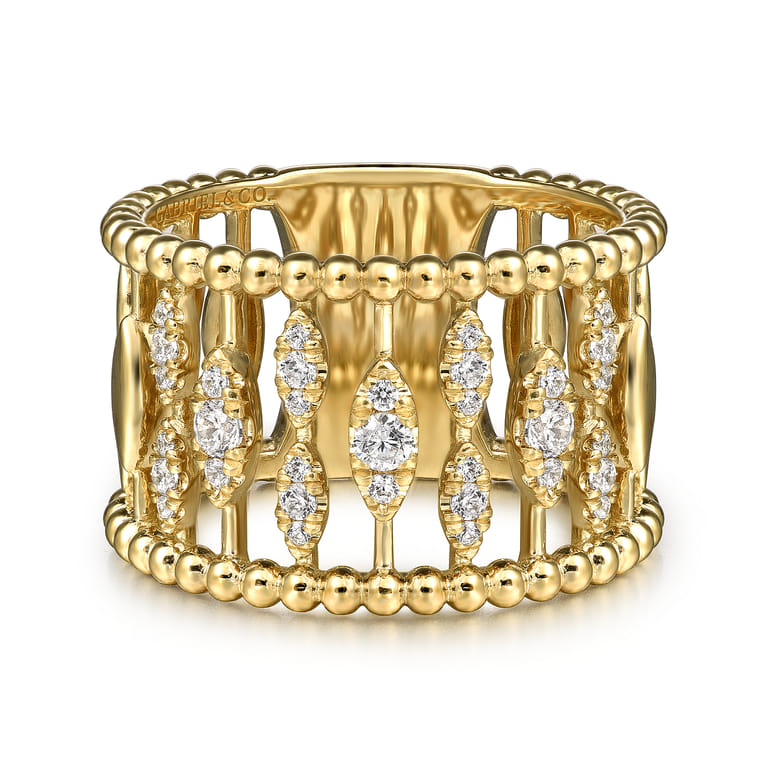 14K Yellow Gold Diamond and Bujukan Beads Wide Band Ring - 0.3 ct - Shot 1
