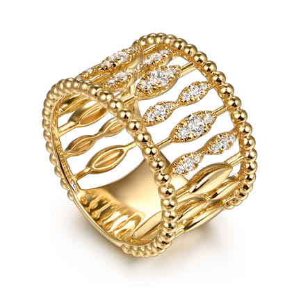 14K Yellow Gold Diamond and Bujukan Beads Wide Band Ring